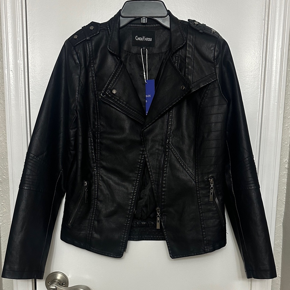 Chouyatou Women's Black Biker Leather Jacket